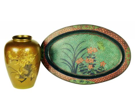 A JAPANESE CLOISONNÉ ENAMEL OVAL DISH, MEIJI AND A JAPANESE CARVED AND INLAID GILT BRASS VASE, EARLY 20TH C  dish 38cm w ++ D