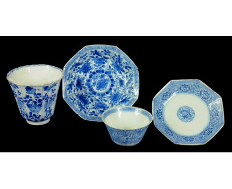 A CHINESE BLUE AND WHITE BEAKER AND SIMILAR SAUCER AND A BLUE AND WHITE TEA BOWL AND MATCHING OCTAGONAL SAUCER, KANGXI AND QI