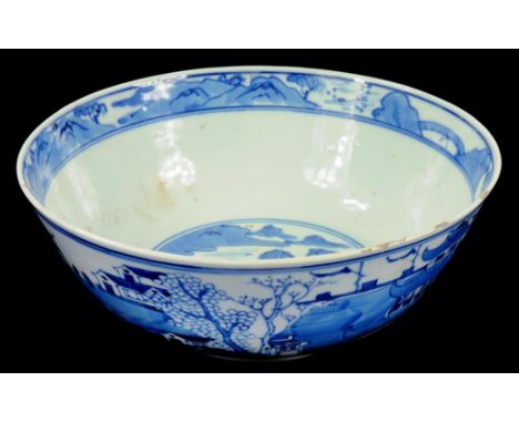 A CHINESE BLUE AND WHITE BOWL, QING DYNASTY, KANGXI MARK WITHIN A DOUBLE CIRCLE `