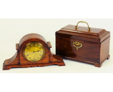 A GEORGE III MAHOGANY TEA CADDY AND AN OAK MANTLE CLOCK