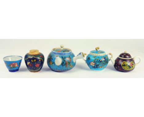 A GROUP OF JAPANESE CLOISONNÉ ENAMEL POTTERY OR PORCELAIN WARES, MEIJI  largest teapot and cover 8cm h, underglazed blue mark