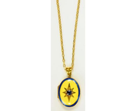 A SAPPHIRE SET 18CT GOLD AND GUILLOCHE ENAMEL LOCKET AND AN 18CT GOLD NECKLET, 22G