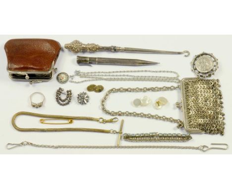 A SILVER BROOCH, SILVER HANDLED BUTTON HOOK, SILVER PENCIL AND MISCELLANEOUS COSTUME JEWELLERY, ETC