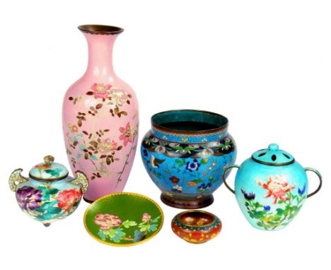 A GROUP OF JAPANESE CLOISONNÉ ENAMEL WARE, MEIJI AND LATER  including a pink ground vase, 31cm h ++ Handles of globular turqu