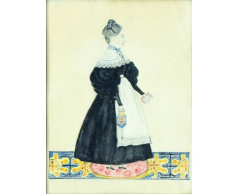 ENGLISH NAIVE ARTIST - PORTRAIT OF A LADY, SMALL FULL LENGTH IN A BLACK DRESS HOLDING A BOOK AND A PURSE, WATERCOLOUR 