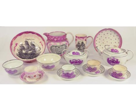 A 19TH CENTURY SUNDERLAND PURPLE MARBLED JUG, A 19TH C STYLE PURPLE MARBLED LUSTRE BOWL AND MUG AND AN EARLY 19TH C SILVER LU