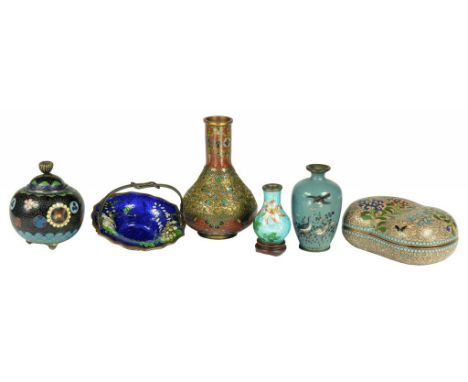 A JAPANESE CLOISONNÉ ENAMEL STONE SHAPED BOX AND COVER, KOGO, A MINIATURE KORO AND COVER, BASKET AND THREE VASES, MEIJI  box 