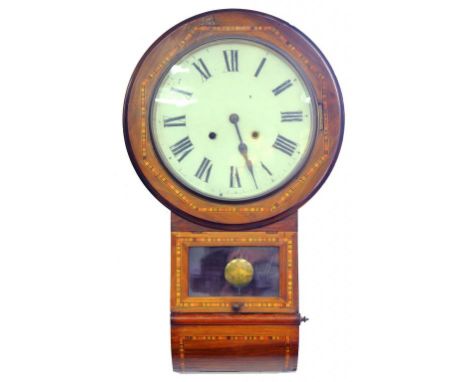 A VICTORIAN WALNUT DROP CASED WALL CLOCK INLAID WITH COLOURED STRAW WORK BANDS