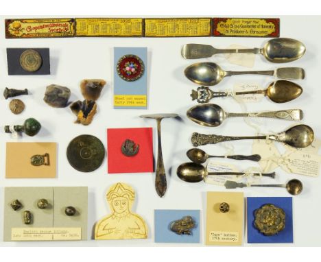 FOUR TUDOR BRONZE BUTTONS, A 17TH CENTURY ENGLISH BRASS CAGE BUTTON, A ROMANO-BRITISH BRONZE FINIAL, AN ANGLO SAXON BRONZE PI