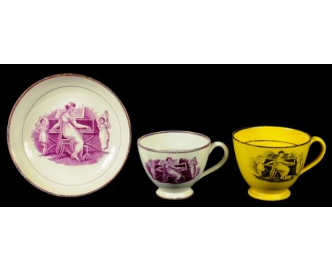 A SUNDERLAND YELLOW GLAZED EARTHENWARE CUP WITH BROWN ENAMEL RIM AND HANDLE AND A SIMILAR CUP AND SAUCER WITH MATCHING PURPLE