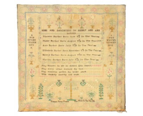AN ENGLISH LINEN SAMPLER, DATED 1818 worked by Elizabeth Barker with verse and the names of her siblings, the offspring of He