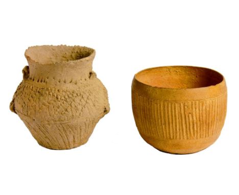 A CHINESE COARSE EARTHENWARE MINIATURE JAR, NEOLITHIC, YANGSHAO CULTURE  of coiled form in sand tempered clay fabric decorate