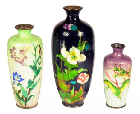 THREE JAPANESE CLOISONNÉ ENAMEL AND EMBOSSED FOIL (GIN-BARI) VASES, MEIJI  11-18cm h ++ Largest vase with contact bruise on r