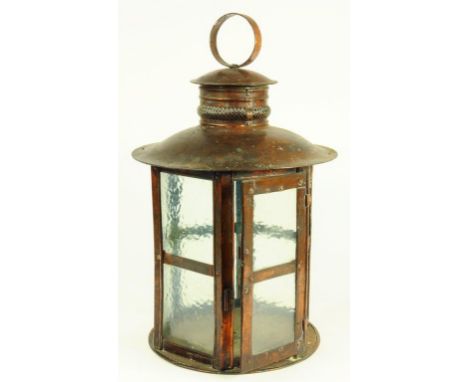 AN ARTS AND CRAFTS SHEET COPPER HALL LANTERN BY HUGHES, BOLCKOW & CO LTD, BLYTH, CIRCULAR STAMPED MARK, "MADE FROM OLD COPPER
