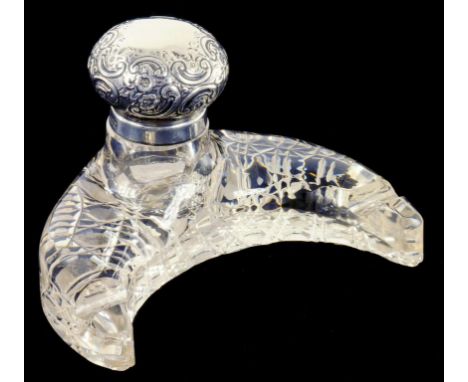 A VICTORIAN SILVER MOUNTED CRESCENT SHAPED CUT GLASS INKWELL, SHEFFIELD 1900