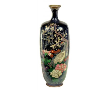 A JAPANESE CLOISONNÉ ENAMEL MIDNIGHT BLUE GROUND VASE, MEIJI  15cm h (ex Wheatley, Portobello Road, London) ++ Fine quality a