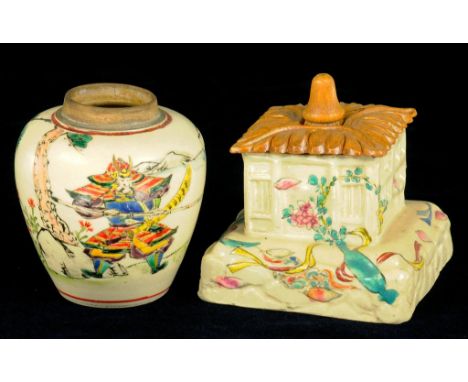 A JAPANESE SATSUMA WARE JAR AND MODEL OF A HOUSE WITH WOOD REPLACEMENT ROOF-COVER, MEIJI  8.5 and 9cm h, red enamel signature