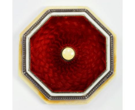 A SILVER AND CHERRY RED GUILLOCHE ENAMEL, WHITE ENAMEL AND IVORY BELL PUSH, IMPORT MARKED LONDON 1930