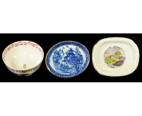 TWO NEW HALL TEAPOT STANDS AND A SLOP BASIN, C1810-25  printed in blue or bat printed and painted, the slop basin with the 'k