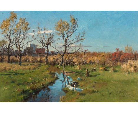 Hermann Hartwich. 1853 New York - 1926 München.  Sign. Impressionistische Landschaft. Enten an einem Bachlauf. Gehöft im Hint