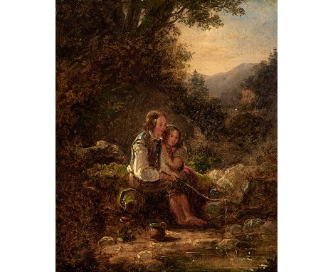 Österreichischer Biedermeier-Maler. Unleserlich sign. 18.1. dat. Junges Paar angelt an einem Bach. Gebirgshintergrund. Öl/Pap