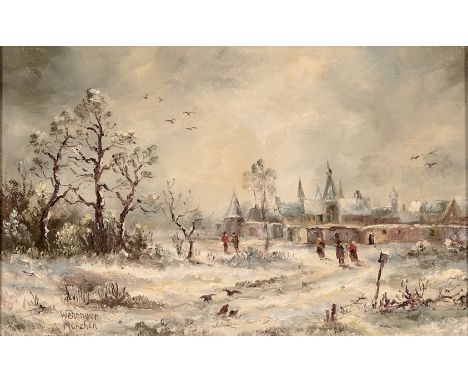 Herbert Wehringer. 1926 - Kempten - 2016.  Sign. Verschneite Winterlandschaft mit Dorf. Öl/Holz. 17,5 x 28 cm. R