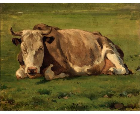 Peiter Stortenbeker. 1828 - Den Haag - 1898.  Sign. Liegende Kuh auf der Weide. Öl/Lwd. 24 x 31 cm. R.