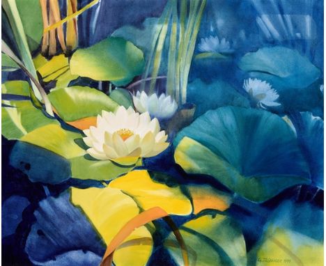 Gisela Italiaander. 1936 Tübingen. Sign. 1999 dat. Seerosenteich. Acryl/Lwd. 50 x 60 cm. R