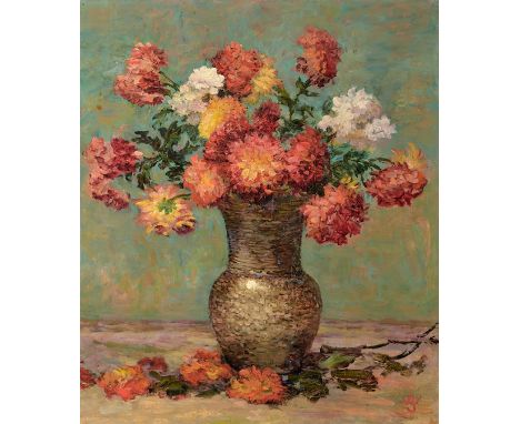 Willy Schlobach. 1864 Brüssel - 1951 Nonnenhorn.  Sign. mit Monogr. Dahlien in Balustervase vor türkisgrünem Hintergrund. Öl/
