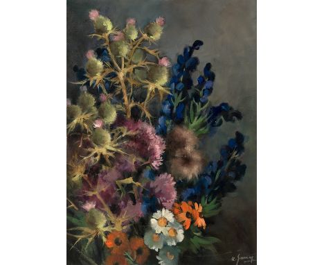 Maler Ende 20. Jh. Blumenstilleben mit Disteln. Öl/Ktn. 70  x 50 cm. R