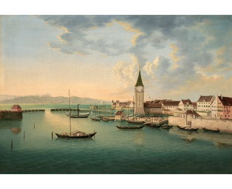 Biedermeiermaler um 1835. Blick auf den alten Lindauer Hafen vom Fuchslochturm bis zum Baron-Lochner-Haus. Auf dem See Dampfs