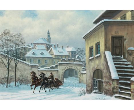 G. Csapo. Ungarischer Maler des 20. Jh.  Sign. Burganlage im Winter mit zweispännigem Schlitten. Öl/Lwd. 60 x 90 cm. R