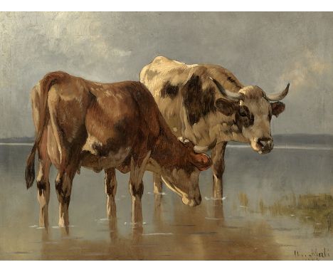 Christian Mali. 1832 Broekhuizen -  1906 München. Sign. 1885 dat. Zwei Rinder im Wasser stehend. Öl/Lwd. 29  x 39 cm. R
