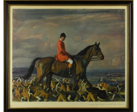 After Sir Alfred Munnings, Hunstman with Hounds, portrait of Major J Bouch MFH, with the Belvoir Houds, colour print, 49cm x 