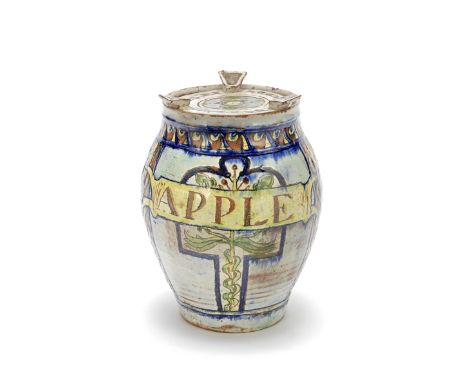 Della RobbiaApple jam pot, 1894Glazed earthenware.19 cm highProduced by Della Robbia Pottery, Birkenhead, England.Underside i