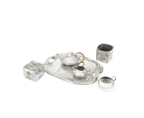 Archibald Knox for Liberty &amp; Co.'Tudric' tea set, and two biscuit tins, model nos. 0231, 0194, 0237, 1900-1905Pewter, ena