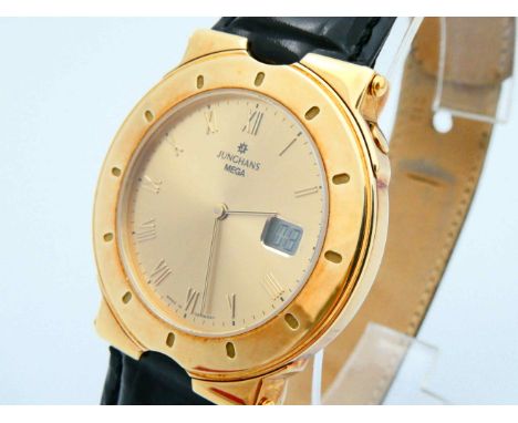 Junghans Mega in 585 Gold Deutschland um 1995, Hersteller Junghans, Modell Mega, Gehäuse in 585 Gold, nahezu neuwertig, Funka
