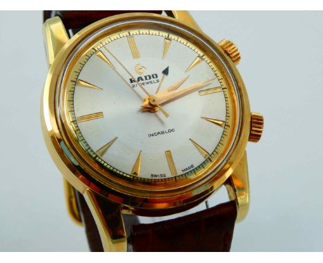 Rado "Water Sealed" Alarmuhr Schweiz um 1970, Hersteller Rado, Referenz 11702, mit Alarmfunktion, Edelstahlgehäuse vergoldet,