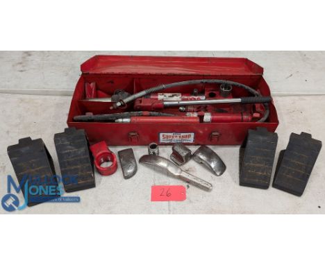 Sealey Super Snap 10 Ton Hydraulic Body Frame Repair Kit in red carry case, plus a selection of panel beating tools and tyre 