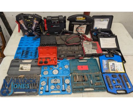 Automobile Tools - Box of various tools, featuring Battery Boosters x3, various socket and drill sets, fast fill gauge, Vacul
