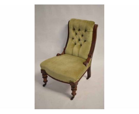 Late Victorian mahogany ladies chair, upholstered in pale green button back  