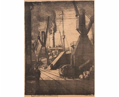Leslie Moffatt Ward, Re, SGA (1888-1978, British), black and white lithograph, Liners Taking in Stores Southampton Docks 19 x