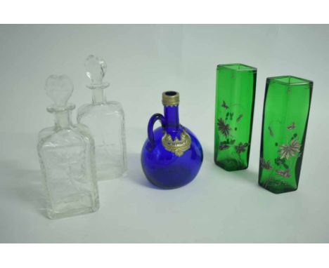 Pair of probably Dutch decanters (formerly fitted in a box), further Bristol blue glass decanter with label for "Whisky" and 