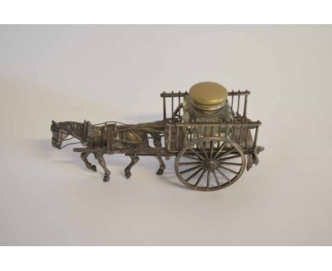 Unusual composite inkstand, formed as a horse and cart with glass inkwell, 19cms long 