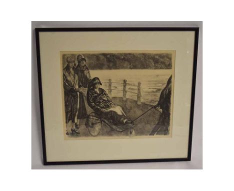 John Copley, signed in pencil to margin, black and white lithograph, Figures pushing lady in invalid cart, 13 x 16ins  