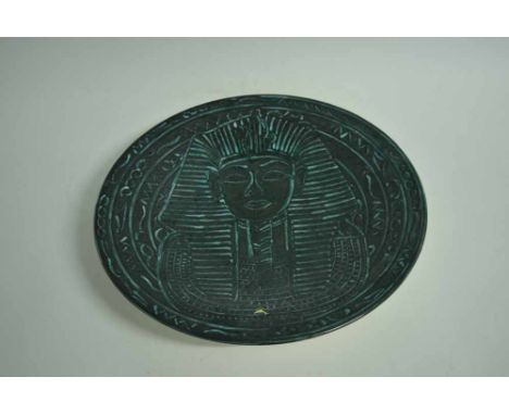 Poole Studio charger, decorated in green glaze with the head of Pharaoh, 41cms diam 