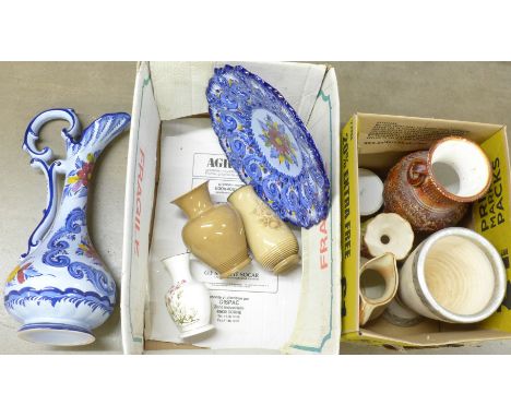 Two boxes of mixed china including two Denby vases and a tall Portuguese pitcher and plate**PLEASE NOTE THIS LOT IS NOT ELIGI