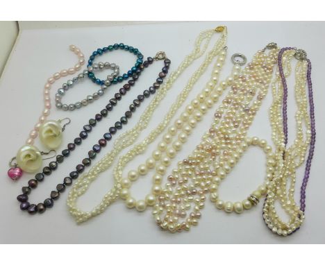 Freshwater pearl jewellery including a necklace set with amethyst 