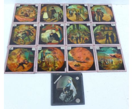 A set of twelve magic lantern slides and a magic lantern slide of Queen Victoria 