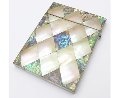 An abalone mother of pearl card case, 78mm x 103mm, (hinge strained) 